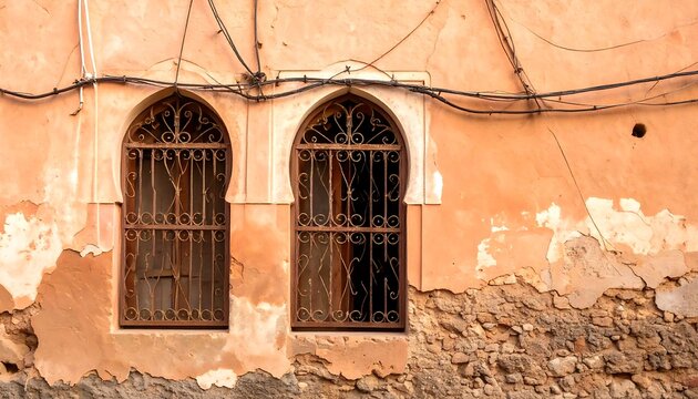 Old, ornate windows on a weathered wall