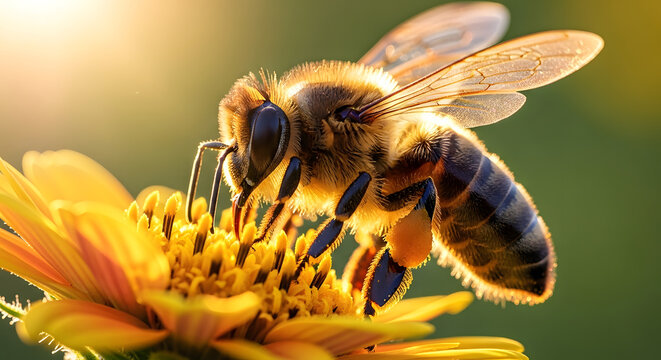 Macro Shot: Honeybee Pollinating a Vibrant Yellow Flower Under Warm Sunlight