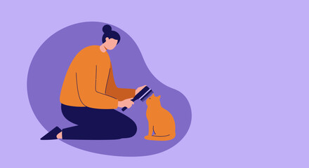 Person grooming an orange cat, showing pet care and bonding. Ideal for lifestyle, animal welfare, and domestic pet themes.