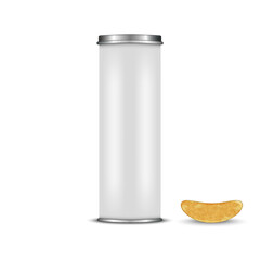 Blank chips tube mockup with potato chip isolated on white background realistic 3d vector, food packaging design template for snack branding, product presentation, advertising, marketing.