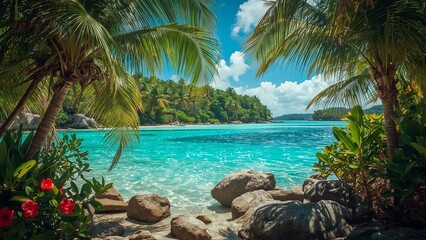 Fototapeta premium Magical landscape with turquoise ocean water and palm trees