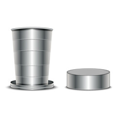Collapsible stainless steel camping cup with lid realistic 3d vector model isolated on white, compact and portable design for outdoor travel, hiking, survival gear, reusable eco-friendly drinkware.