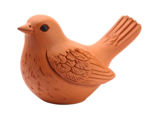 A small brown clay figurine of a bird in a different pose, isolated on a white background.
