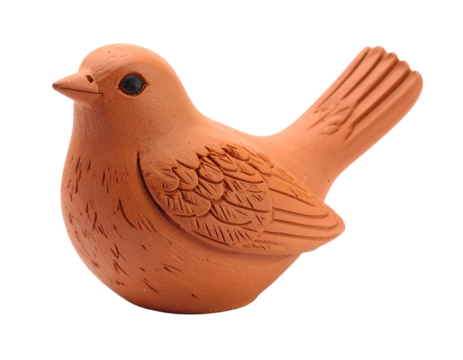 A small brown clay figurine of a bird in a different pose, isolated on a white background.