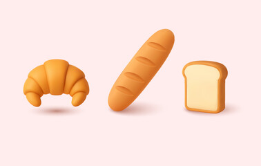 Assorted bakery products with croissant, baguette and bread slice on pastel background. 3D Web Vector Illustrations.