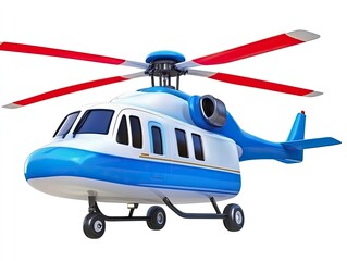 Isolated helicopter mockup featuring white and blue coloring and red tipped rotors on a white background