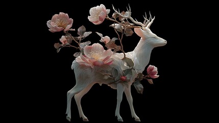 White Deer with Blooming Pink and White Flowers Emerging from Antlers in Elegant Contrast Against Dark Minimal Background