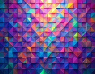 The image features a vibrant, geometric wall composed of numerous small, three dimensional pyramid like shapes arranged in a grid pattern