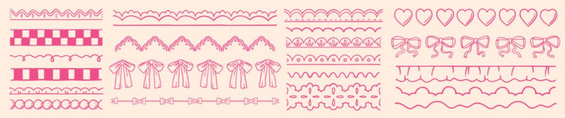 Hand drawn wedding and baby shower decorative dividers. Vintage scallop trim for valentine or birthday cards decoration, whimsical coquette vector design set