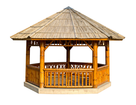 A large, ornate traditional Indonesian gazebo with a high thatched roof, isolated on a white background.