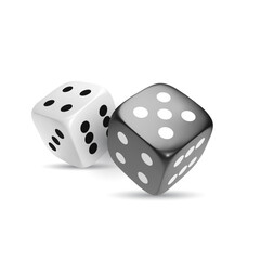 White and black photorealistic 3d cube for games. Dice icon in flight closeup isolated on white background. Vector illustration.