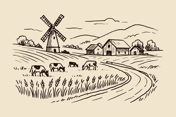 Countryside windmill farm field sketch thick line vector illustration