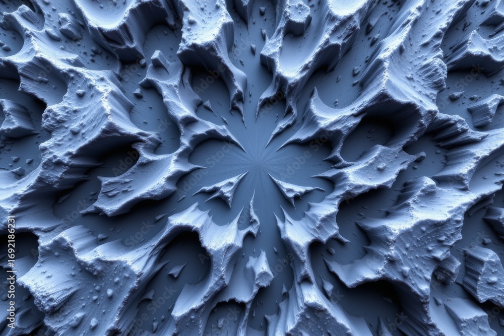 Poster the image depicts a highly textured, circular pattern with jagged, irregular ridges converging towar