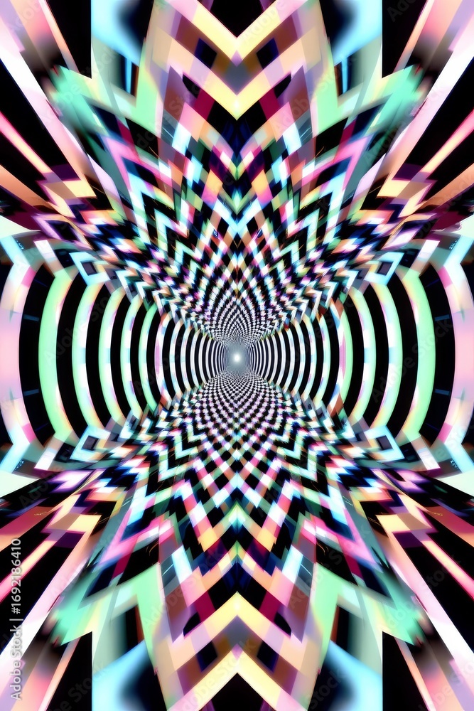 Poster the image depicts a vibrant, psychedelic tunnel with an intricate pattern of multicolored zigzag and