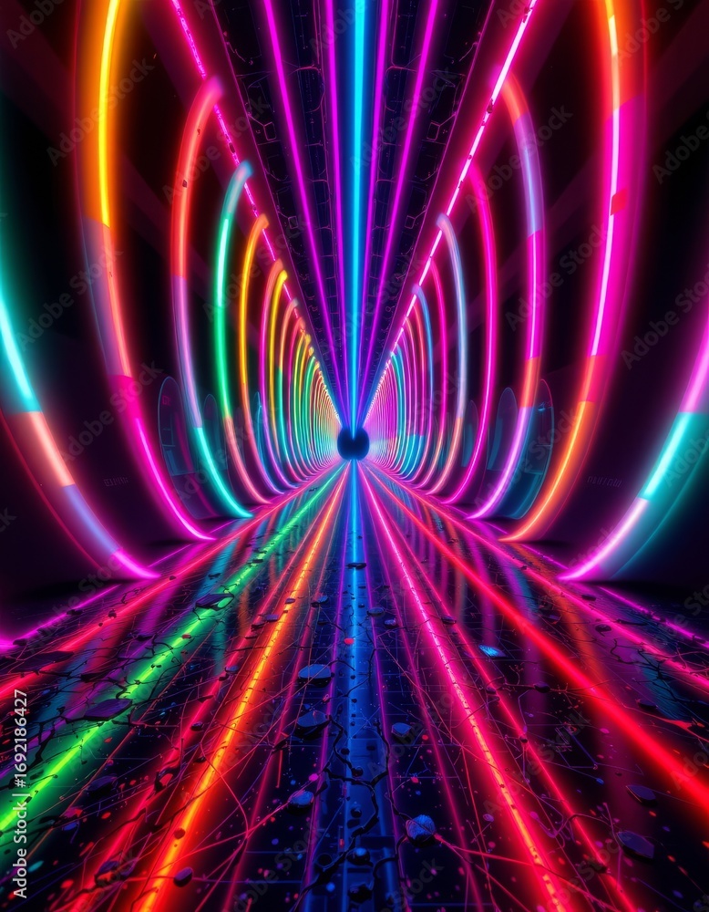 Poster the image depicts a futuristic tunnel illuminated by vibrant neon lights in various colors, creating