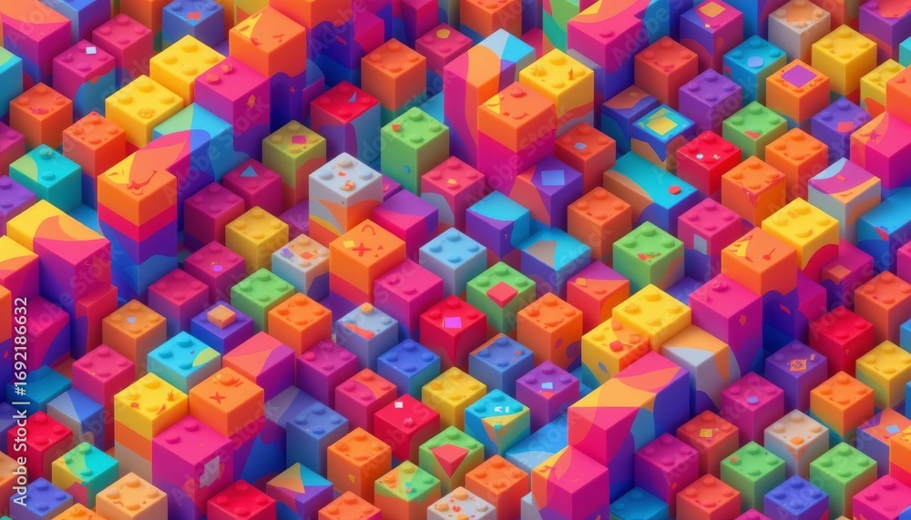 Poster the image features a dense cluster of small, colorful, cube shaped objects arranged in a seemingly r