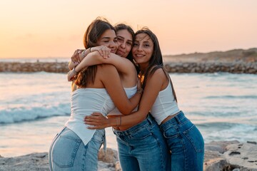 Three Young Women Hugging by the Sea at Sunset