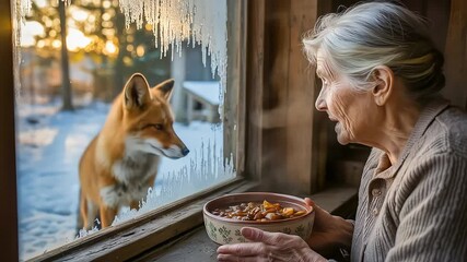 A heartwarming scene of a kind elderly woman offering a steaming bowl of stew to a curious fox through a frosty winter window - Powered by Adobe