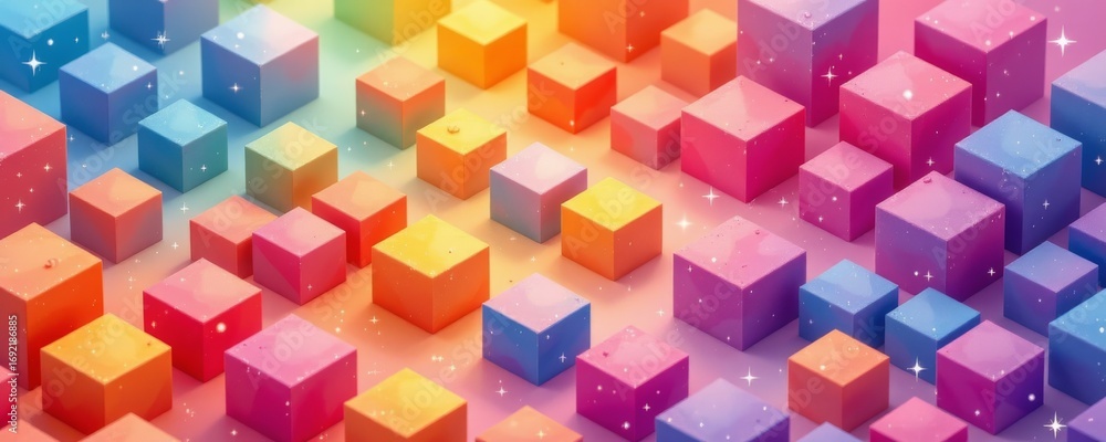 Poster the image features an array of small, colorful cubes arranged in a grid pattern across a vibrant bac