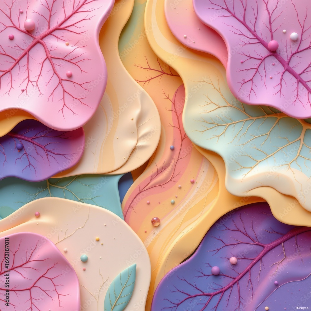 Poster the image features an abstract composition with soft pastel colored elements that resemble leaves or