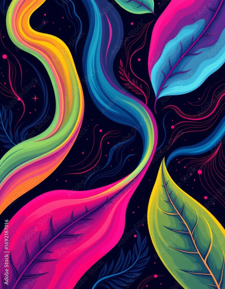 Poster the image features a vibrant, abstract design with flowing, multicolored waves that resemble stylize