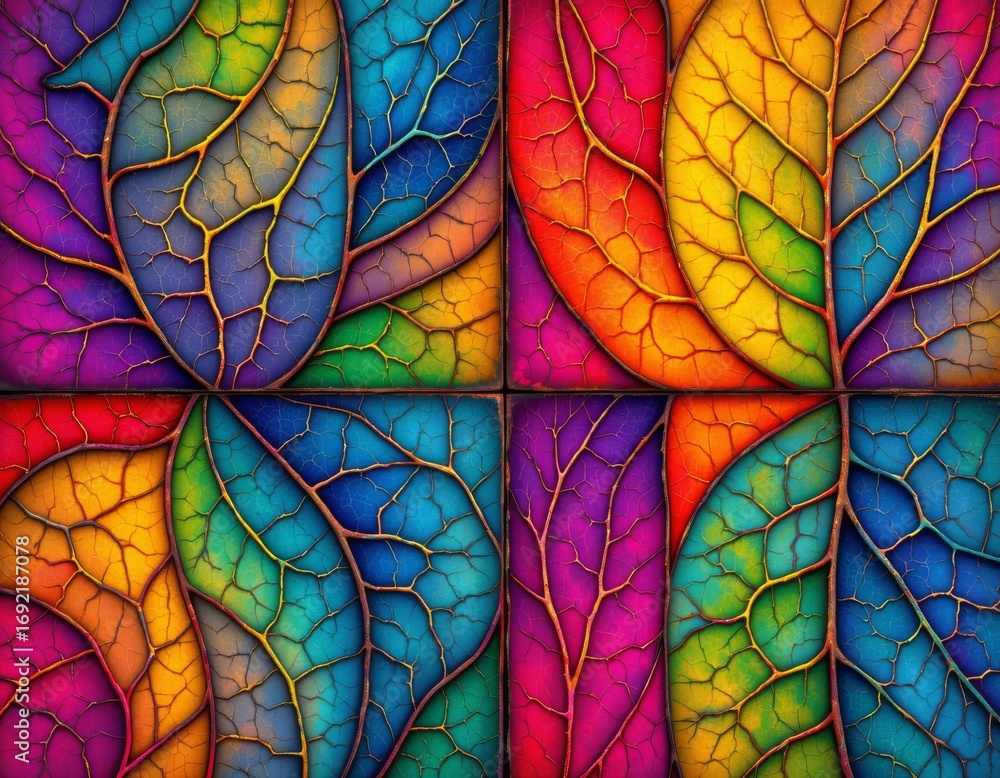 Poster the image features a close up view of four square panels, each displaying an intricate pattern of mu