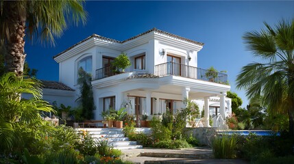 Fototapeta premium Luxury beach house architecture mediterranean style villa with outdoor space and palm tree views.