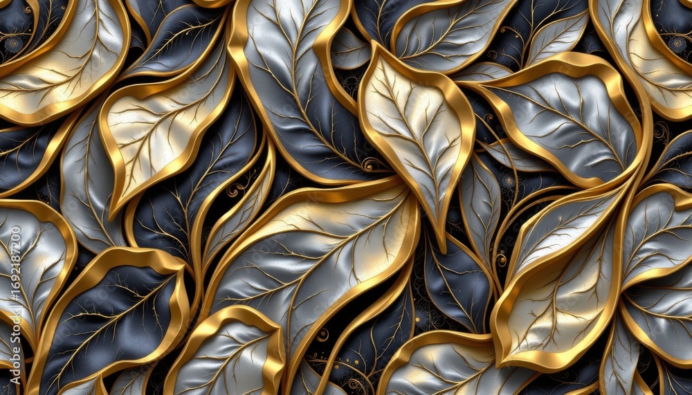 Poster the image features a lavish arrangement of metallic leaves in an intricate pattern