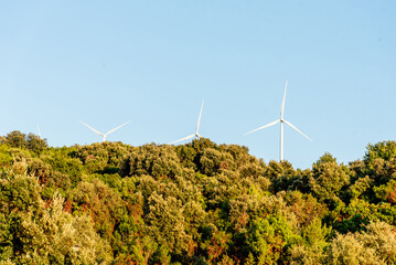 Wind turbine generators generate electricity landscape, green energy of future