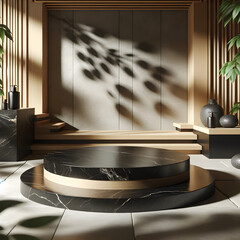 Elegant black 3D marble platform surrounded by natural stones and greenery for artistic product presentation