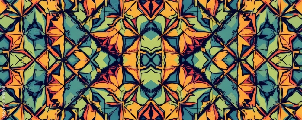 Poster the image features a vibrant, intricate geometric pattern consisting of numerous interlocking shapes