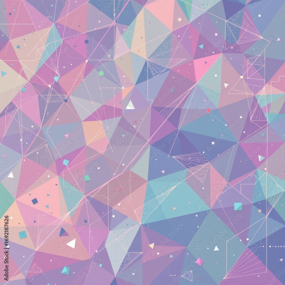 Poster the image features an abstract geometric pattern composed of various interconnected triangles, polyg