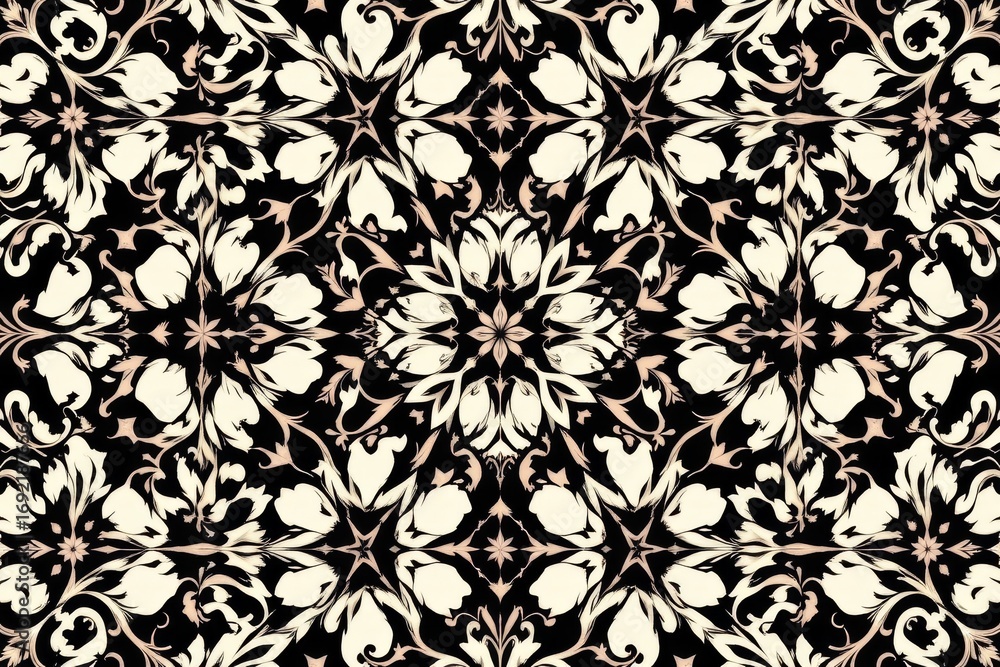 Poster The image features an intricate, symmetrical pattern with a floral and leafy motif. The design is predominantly in black and beige tones, creating a high contrast appearance