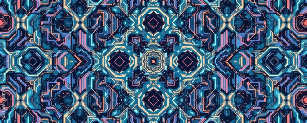 Poster the image features an intricate, symmetrical pattern composed of interconnected geometric shapes wit