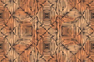 Fototapeta premium The image features a geometric pattern composed of interconnected shapes with a wood like texture in shades of brown