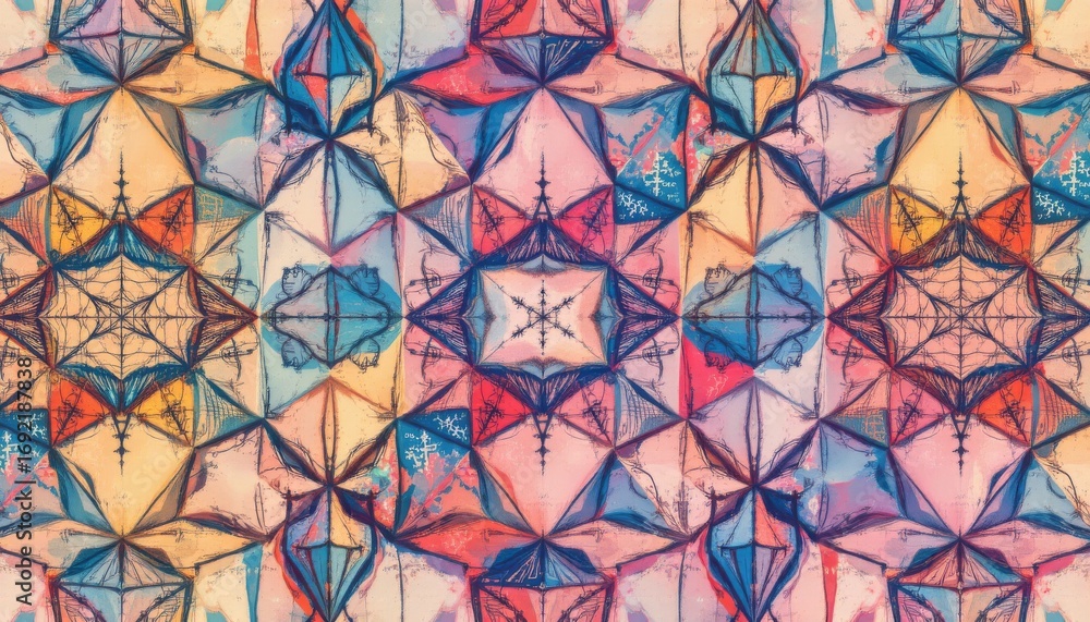 Poster the image features a vibrant and intricate pattern composed of geometric shapes that resemble umbrel