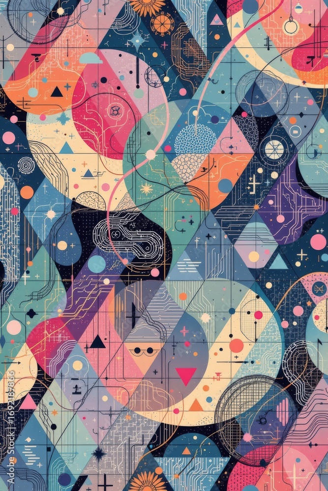 Poster the image features a vibrant abstract pattern composed of various geometric shapes, lines, and circl