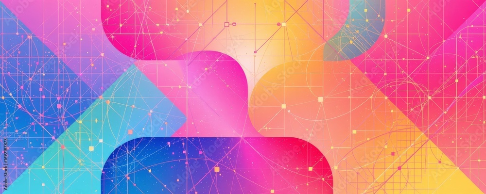 Poster the image features a vibrant, abstract background composed of interconnected geometric shapes and li