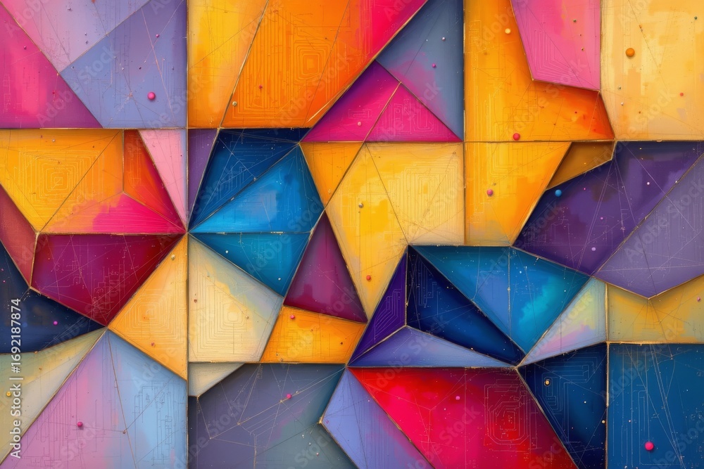 Poster the image features a collection of geometric, three dimensional tiles arranged in an abstract patter