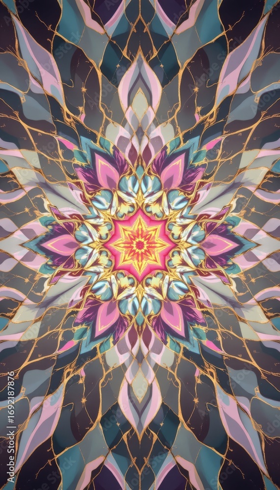 Poster the image features a vibrant, symmetrical mandala like pattern with a central starburst design in sh
