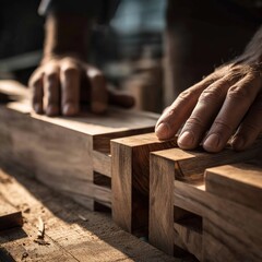 Close-up of skilled hands assembling precise dovetail joints in wooden planks, showcasing fine craftsmanship and detail.