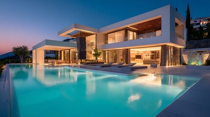 Fototapeta premium Luxury villa real estate architecture modern home design exterior residence property building twilight view.