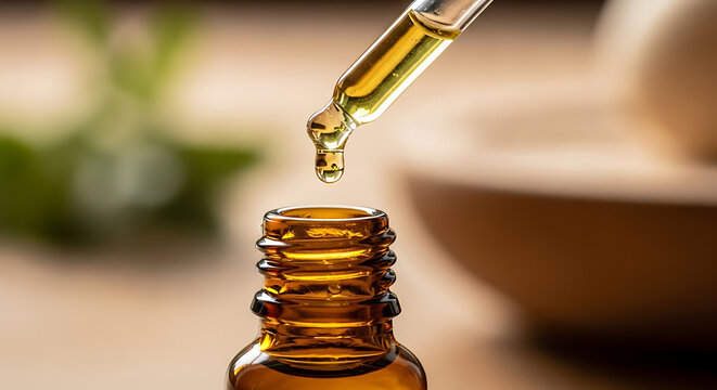 Golden essential oil droplet descends from a glass dropper into an amber bottle, symbolizing natural care and holistic wellness practices