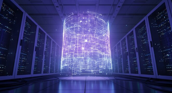 Futuristic Data Center - Holographic Core and Server Racks.