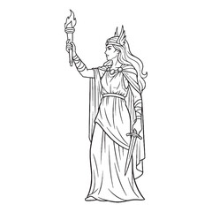 Lunar Hecate Lineart – Hecate Vector Outline Drawing with Celestial Symbolism – Hecate Drawing – Vector of Hecate – Hecate Outline