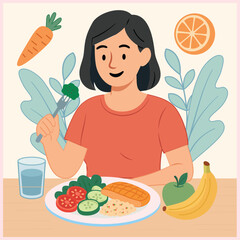 Illustration of a woman eating healthy food with vegetables, fruit, and drinks, depicting a healthy lifestyle and a balanced nutritional diet.