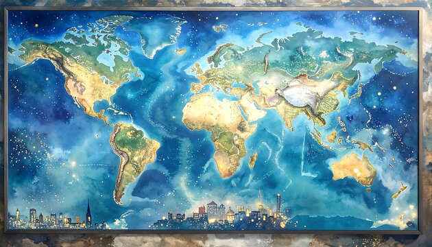 Detailed world map with night cityscapes