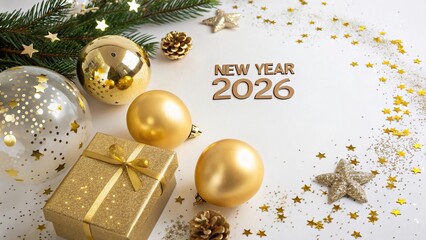 2026 New Year Celebration with Gold Balloons, Gift Box, and Sparkles – Festive Holiday Background with Copy Space - 8