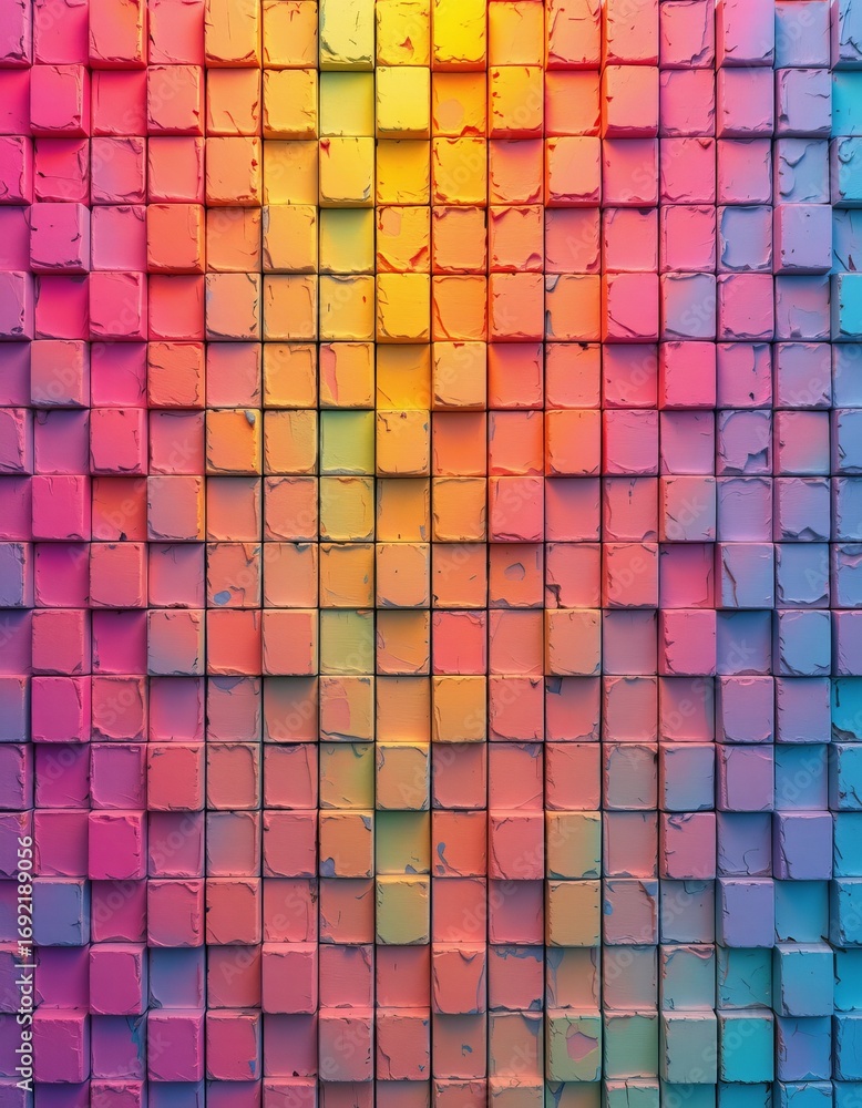 Poster the image features a wall covered with small, colorful square tiles arranged in a grid pattern