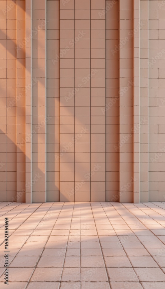 Fototapete The image depicts a minimalist architectural scene featuring a large tiled wall with vertical grooves creating a pattern of rectangular sections